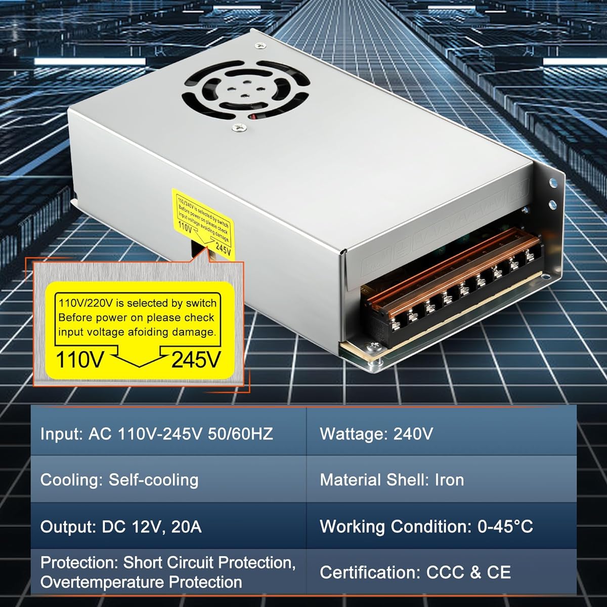 DC 12V 20A 240W Power Transformer Switch AC 110V/220V to DC 12V 20amp Switching Adapter Converter LED Driver Diesel Heater LED Strip Light CCTV Camera Security System