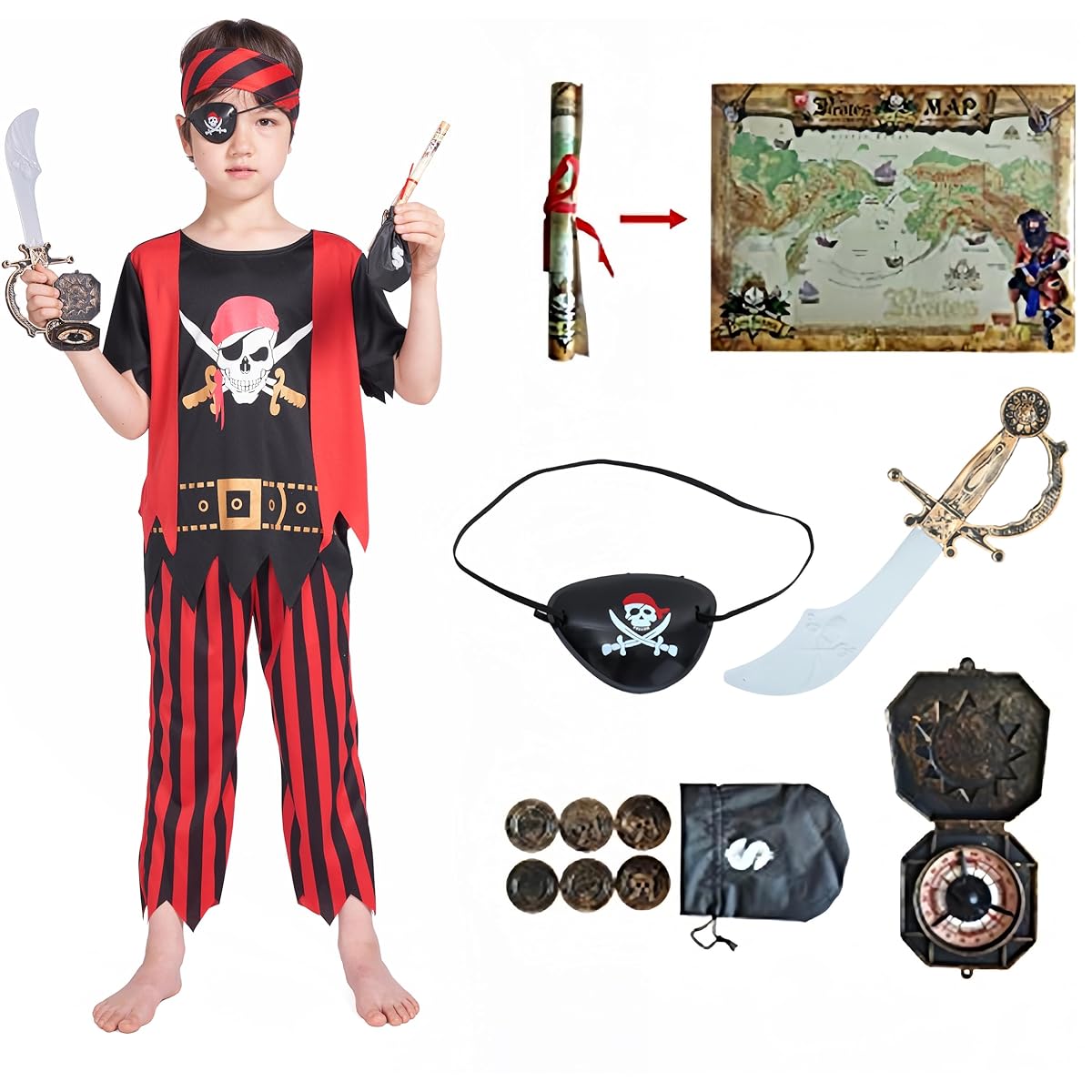 Pirate Costume for Kids, Pirate Role Play Dress Up Complete Set 8 Pieces Boys Size 3-4, 5-6, 7-8, 8-10
