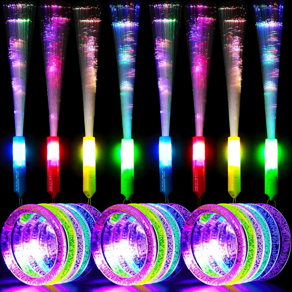 Fiber Optic Wands Glow Bracelet Party Pack 100 Pieces LED Light Up Fiber Optic Wands 40 Pieces Glow in the Dark Bracelet for Carnival Birthday Wedding Dance Nightclub Rave Bachelorette Neon Halloween Party