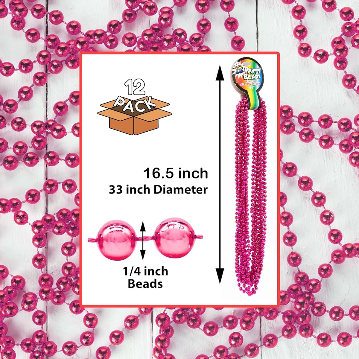 Pink Bead Necklace – 33 inches – 12 pack