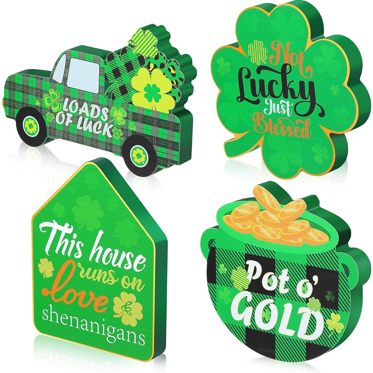 St. Patrick's Day Table Wooden Sign Set of 4 Home Pot Truck Lucky Shamrock Wooden Sign Buffalo Check Freestanding Irish Decor St. Patrick's Day Tiered Tray Desk Office Home Party Decoration 4 Styles