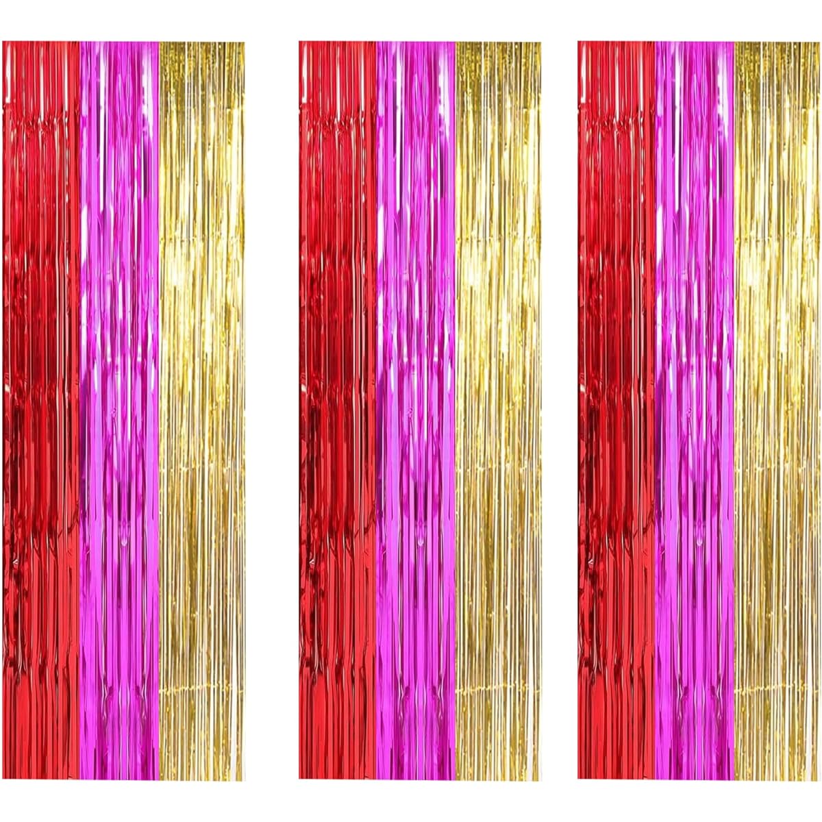 Construction Foil Fringe Curtains Yellow Orange and Black Tinsel Photo Booth Props Streamer Backdrop Boys Construction Trucks Party Supplies Decorations 3 Pack (Red Pink Rose Gold)