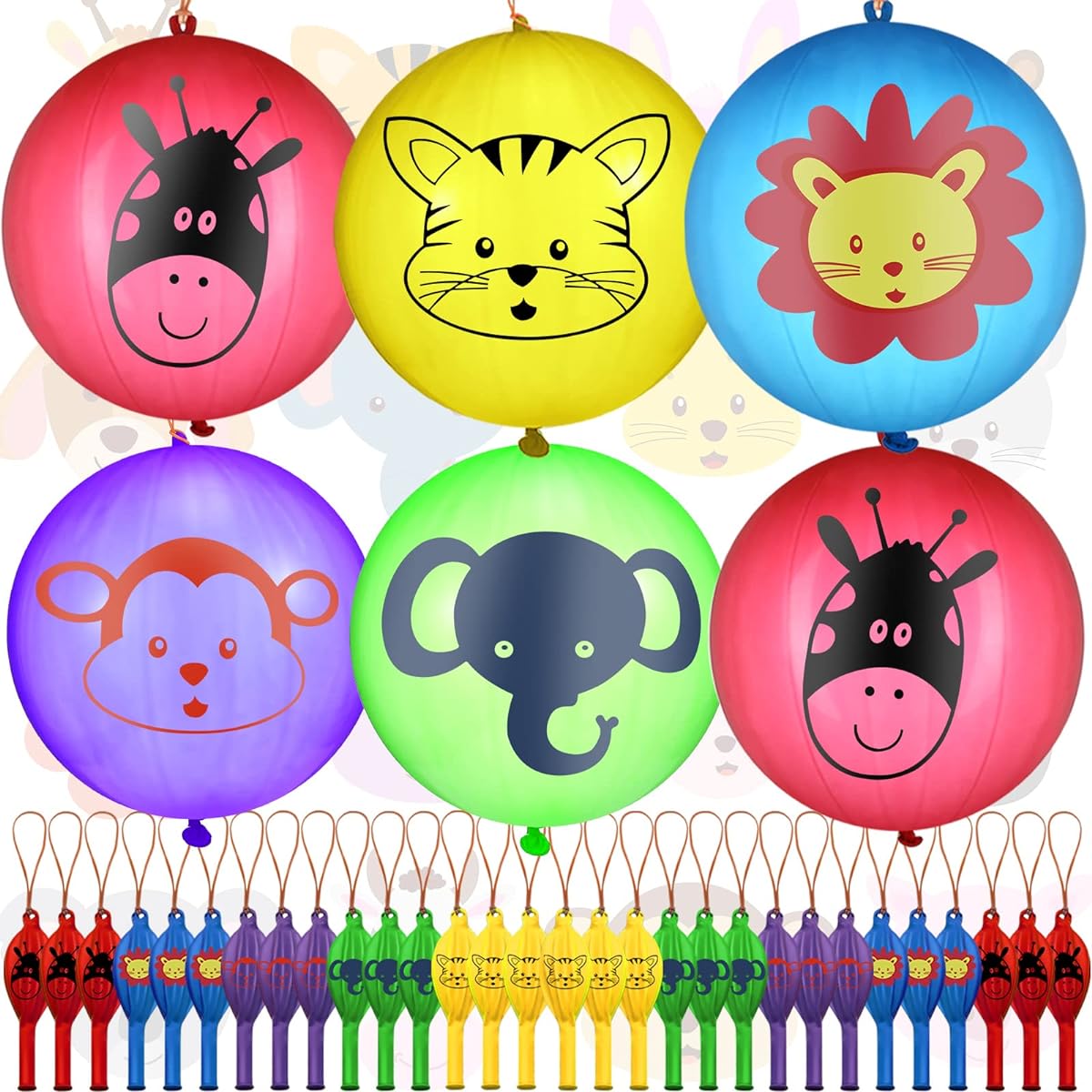 30pcs Dinosaur Valentine's Day Punch Balloons for Kids, 18" Animal Pirate Skull Punching Balloons Punch Bounce Balls with Elastic Bands for Valentines School Gift Exchange Birthday Party (Animals)