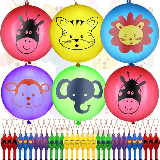 30pcs Dinosaur Valentine's Day Punch Balloons for Kids, 18" Animal Pirate Skull Punching Balloons Punch Bounce Balls with Elastic Bands for Valentines School Gift Exchange Birthday Party (Animals)