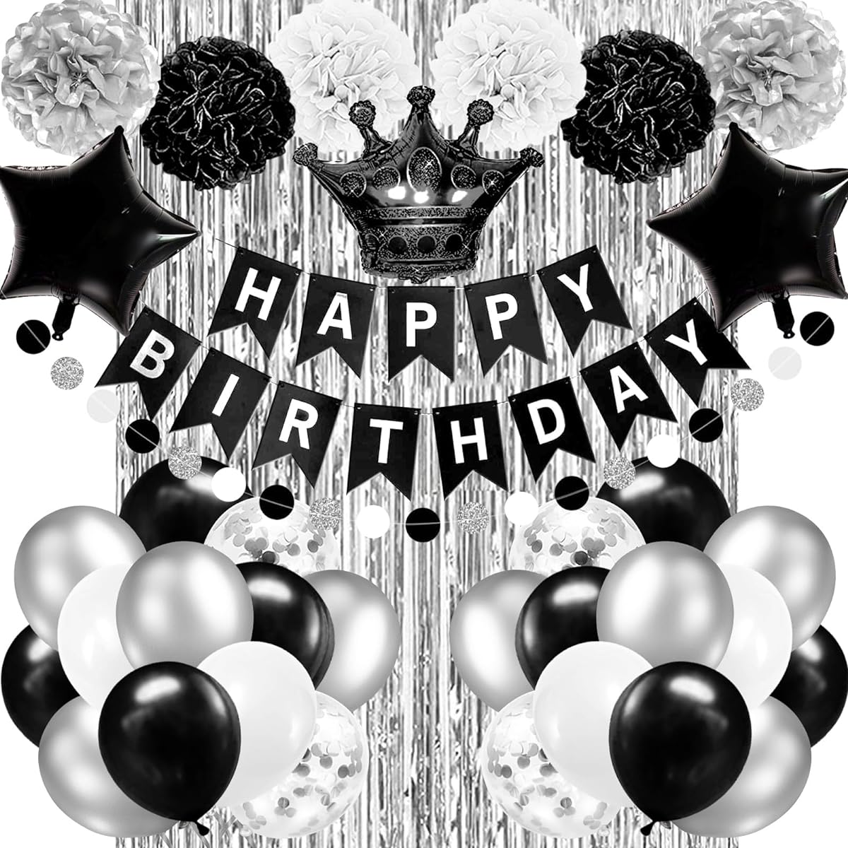 Black and Silver Birthday Party Decorations for Men Women Boys Girls Happy Birthday Banner Balloons Foil Fringe Curtains Black & White Party Decorations