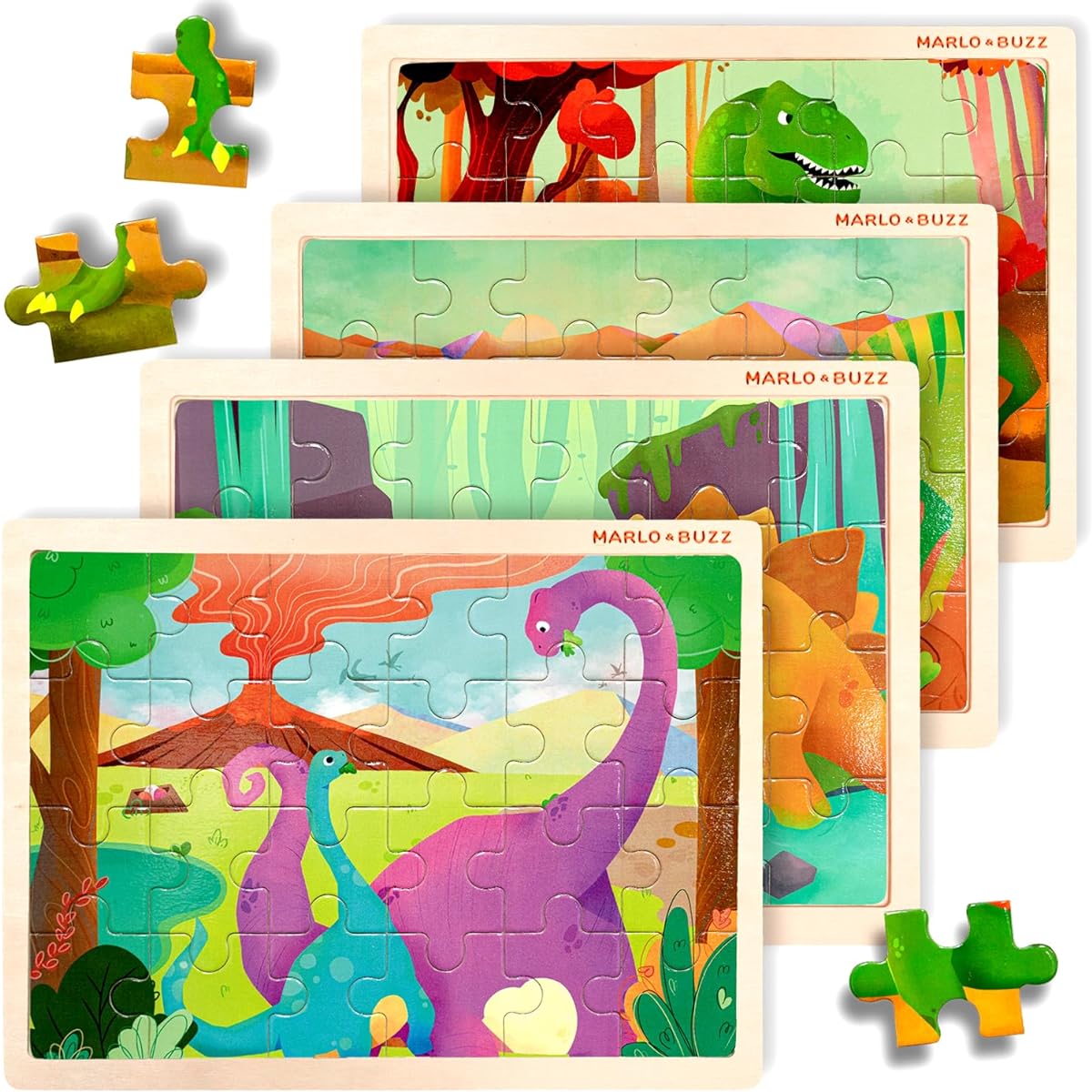 Dinosaur Wooden Puzzle Set of 4, Ages 4-5, 6-7, 8-10, Large Floor Jigsaw Puzzle, Everyday Educational and Fun Game for Toddlers/Kids/Little Boys/Girls (Set of 4 Dinosaurs)