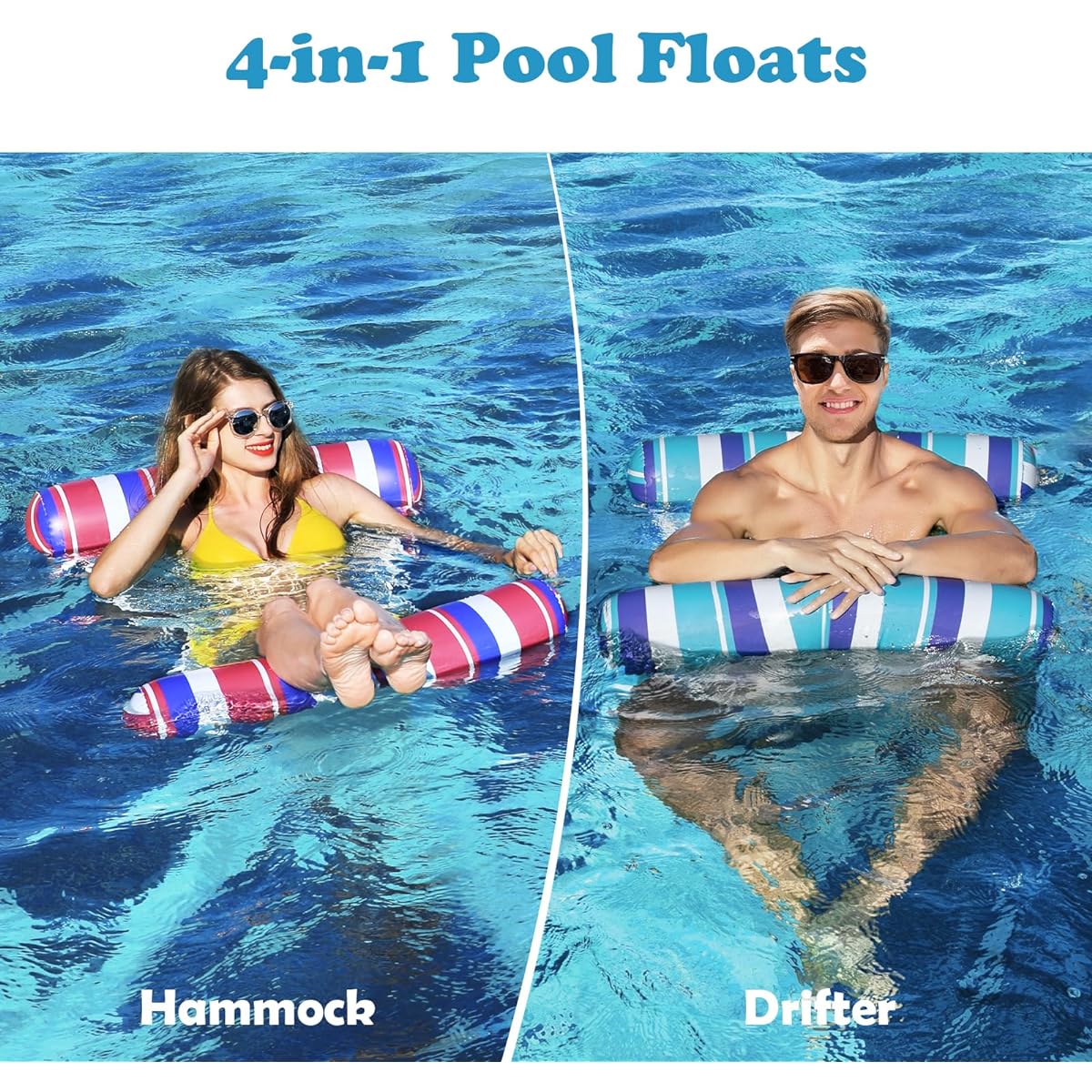 Pool Floats for Adults - 4 in 1 Pool Float Hammock Drifter Lounge Chair Saddle Inflatable Non-Stick PVC Pool Floats for Vacations 2 Pack