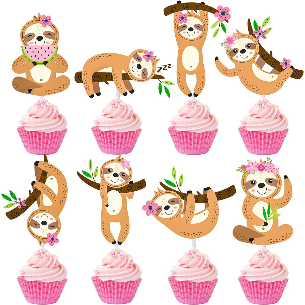24 Pieces Sloth Cupcake Toppers Decoration Sloth Birthday Party Supplies for Girls Sloth Theme Birthday Party Baby Shower Wedding Party Supplies