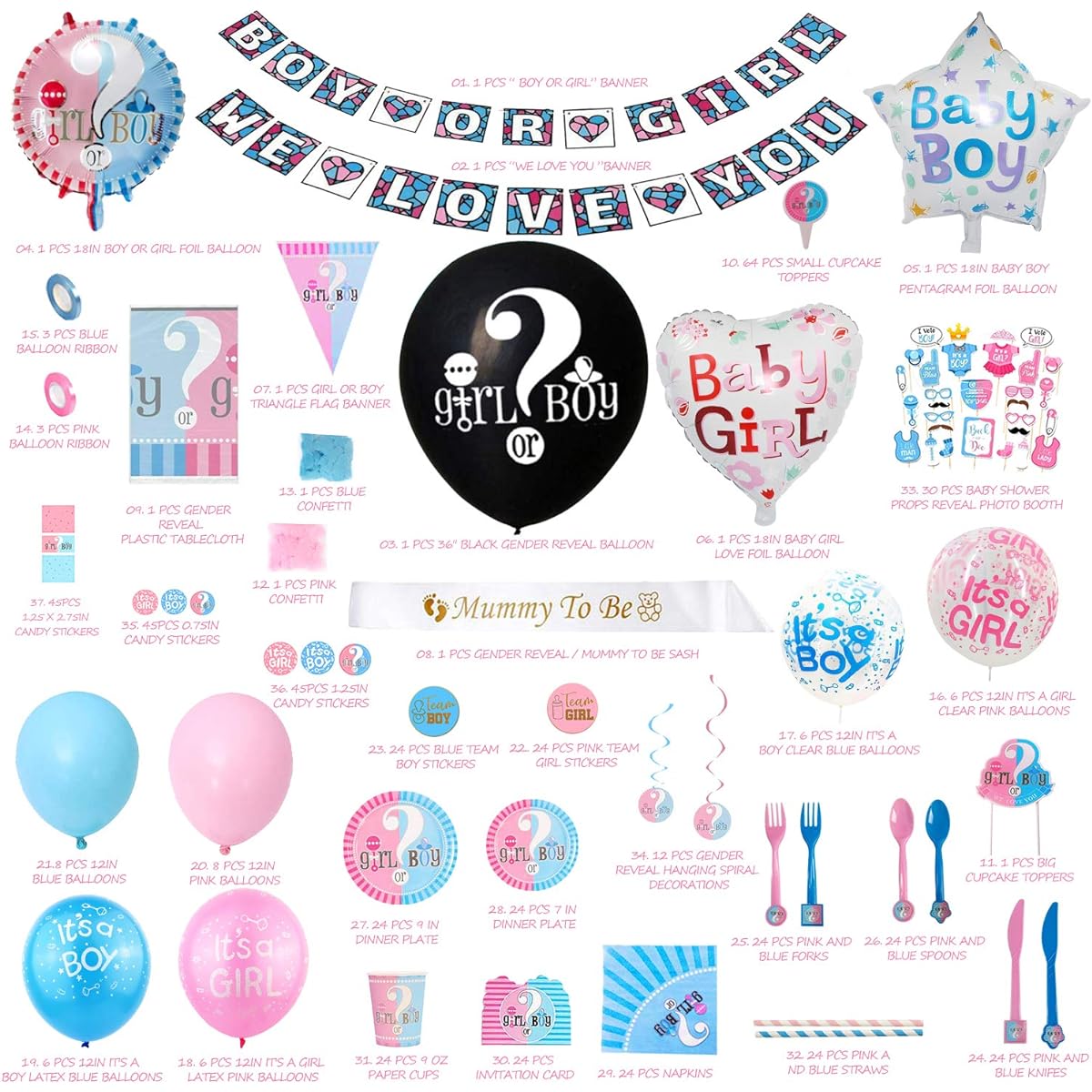 Gender Reveal Party Supplies & Tableware Set - (563 Pieces) Complete Gender Reveal Decorations, Tableware for 24 Guests, 36" Announcement Balloons, Banner, Triangle Flag Banner, Balloons, Team Stickers, Ta