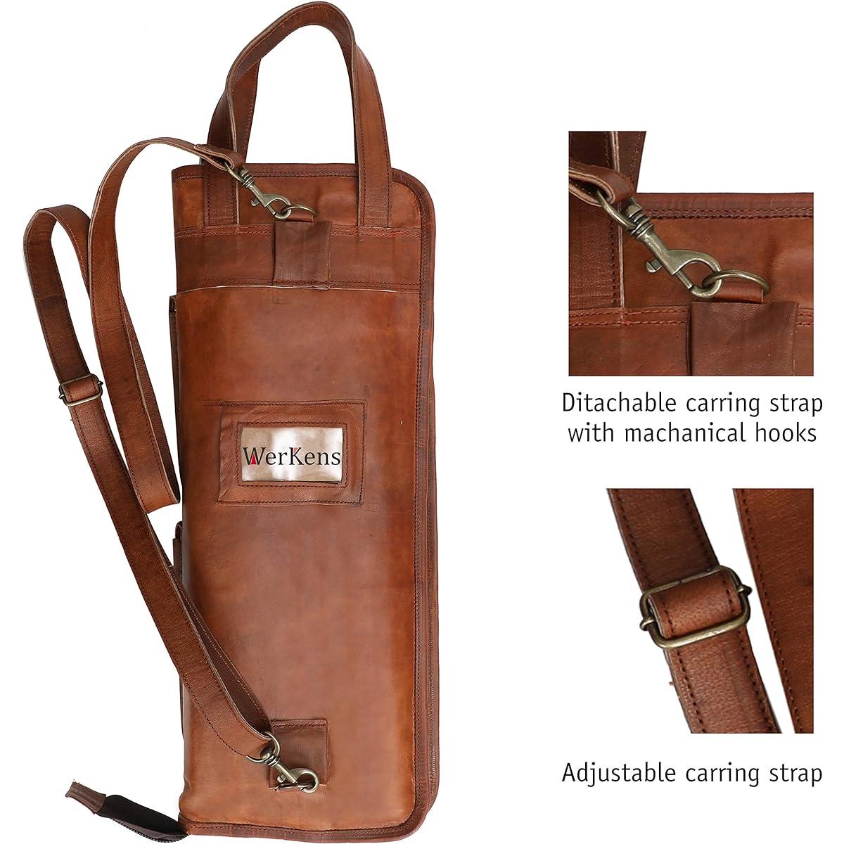 WerKens Handmade Genuine Leather Drumstick Bag 100% Original Leather Percussion Drumstick Bag Holder Mallet Bag Floor Tom Hook - DSB003