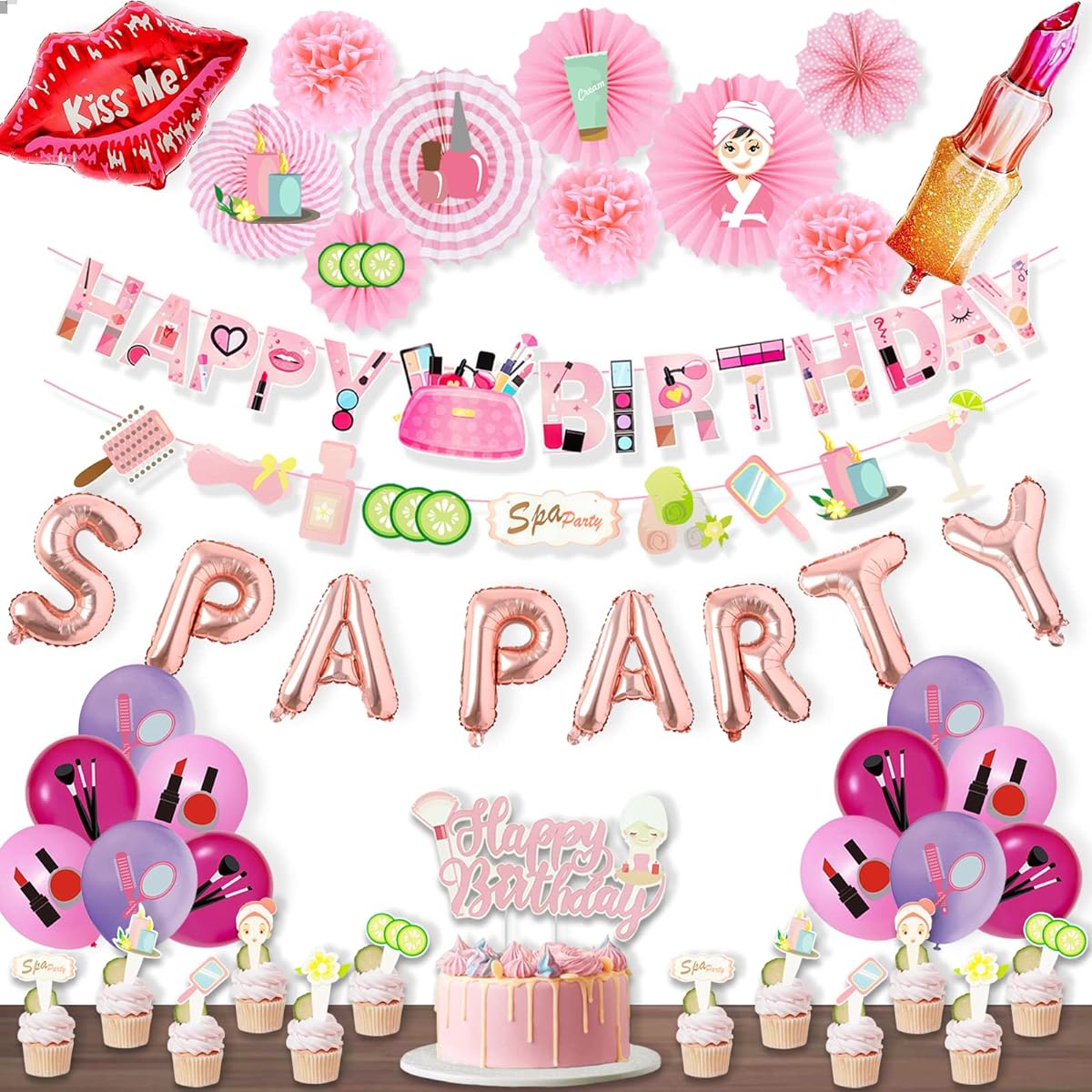 Hombae Spa Party Supplies for Girls, 51pcs Spa Makeup Birthday Party Decorations Pink Spa Day Salon Theme Lipstick Cosmetics Fans Cutouts Pom Poms Happy Birthday Banner Balloons Cake Cupcake Toppers