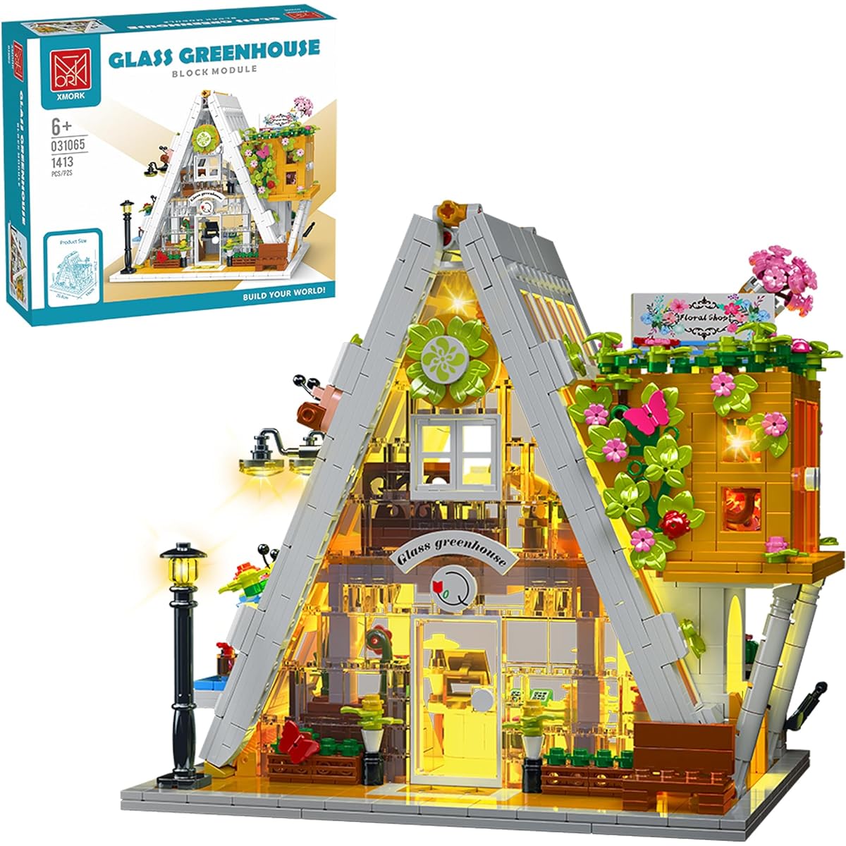 Addshiny Flower House Building Set with LED Lights DIY Botanical Flower Construction Glass Room Flower Shop Modular Building Kit 1413 Pieces MOC Toy Gift for Ages 6+