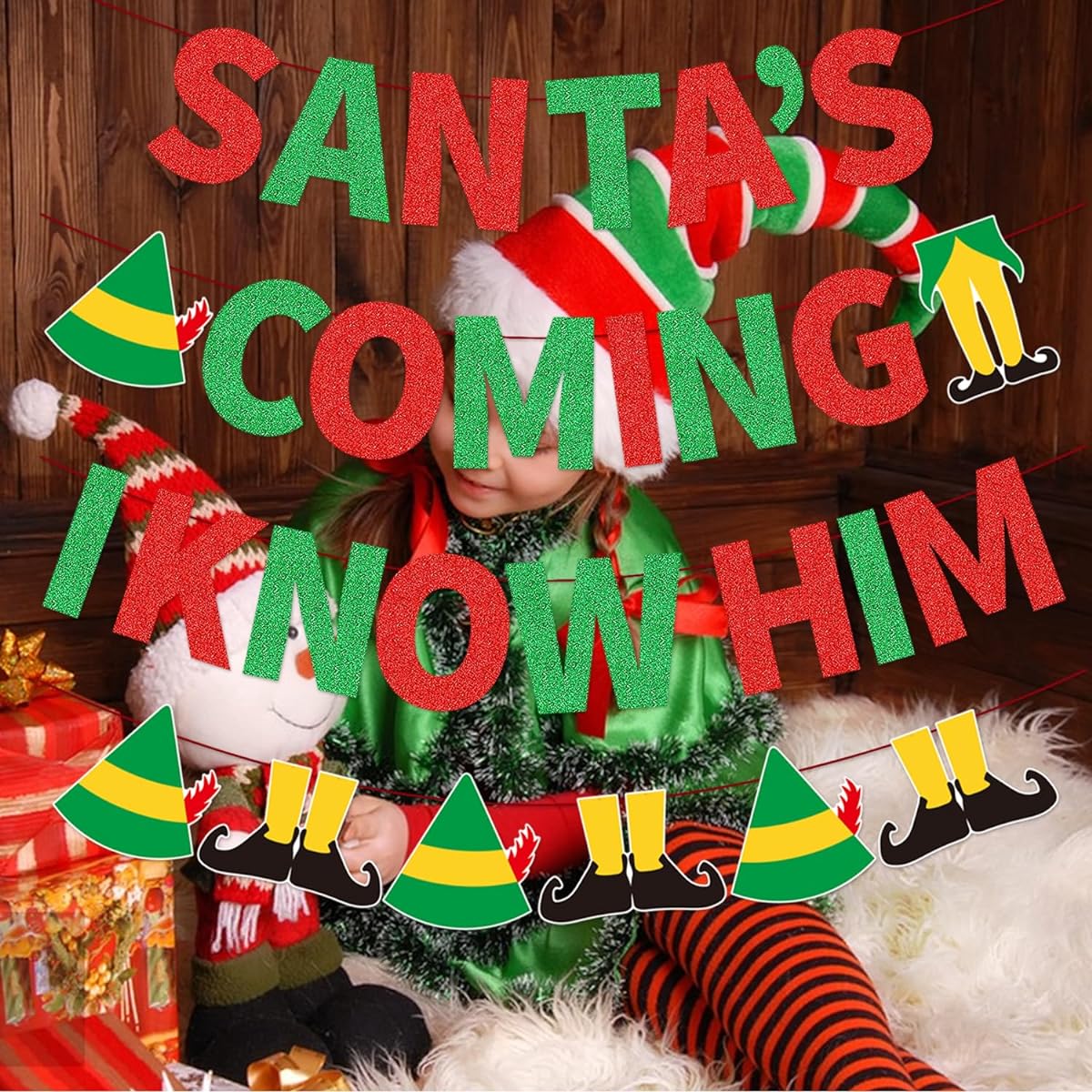 Red and Green Glitter Santa I Know Him Banner with Elf Movie Sign Christmas Party Decorations Elf Friends Banner Decoration Elf Movie Cutout Santa I Know Him Christmas Mantle Home Decoration (Santa!i know him)