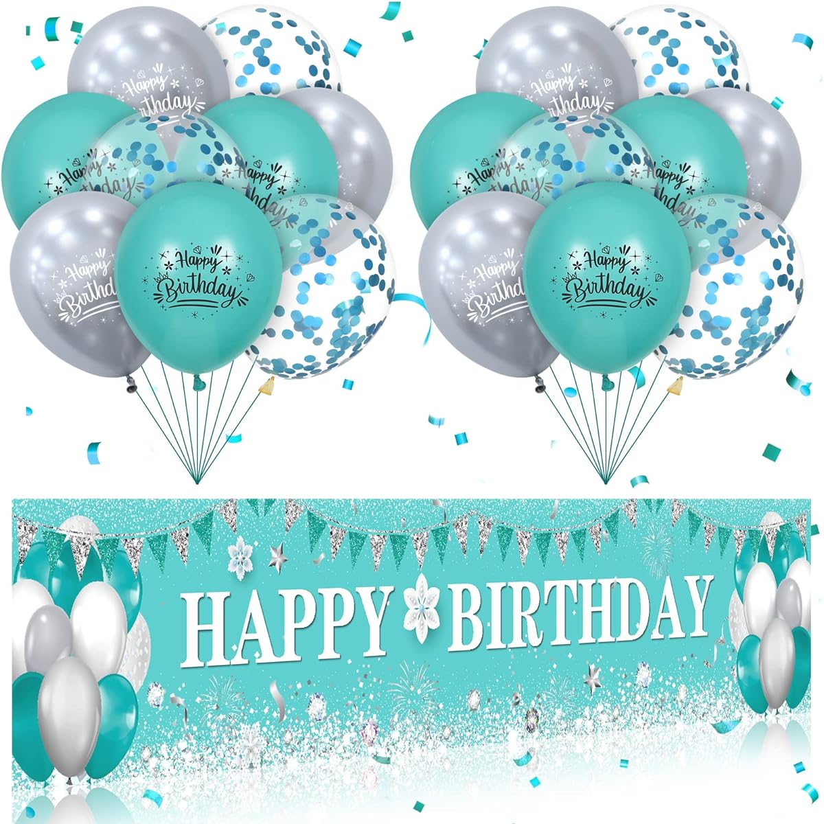 Teal Birthday Decorations Men Women Teal Silver Happy Birthday Banner Yard Sign Turquoise Birthday Balloon Mint Blue Birthday Supplies Party Decorations