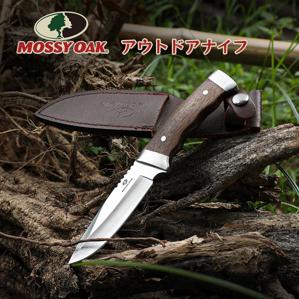 MOSSY OAK Knife, Outdoor Knife, Sheath Knife, Full Tang Structure, Total Length 225mm, Natural Wood Handle, For Mountain Climbing, Camping, Trekking, Fishing, Home Use, DIY, Disaster Prevention, Comes with Dedicated Sheath