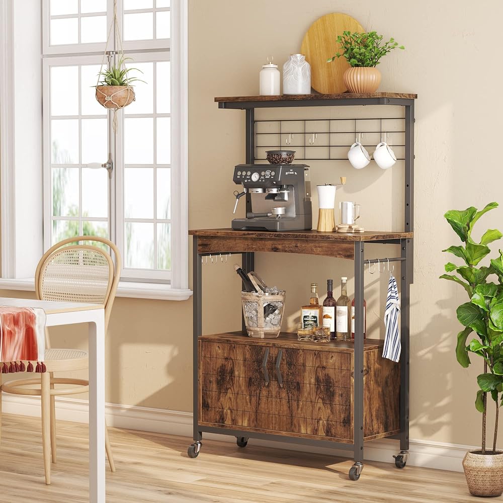 Bestier Cooktop Range Board Kitchen Rack Range Shelf Width 80cm 4 Tier Storage Height Adjustable Door Includes 4 Casters Wood Grain Range Wagon Kitchen Storage Rice Cooker Rack Cupboard (Brown)