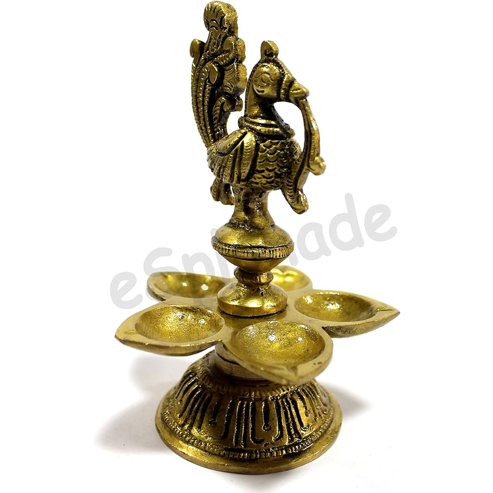 eSplanade – 5 Inch Peacock Lotus Shape Round Brass Diya | Oil Lamp | Home Decor | Brass Deepam | Brass Lamp | Kuthu Vilakku | Oil Lamp for Home and Office