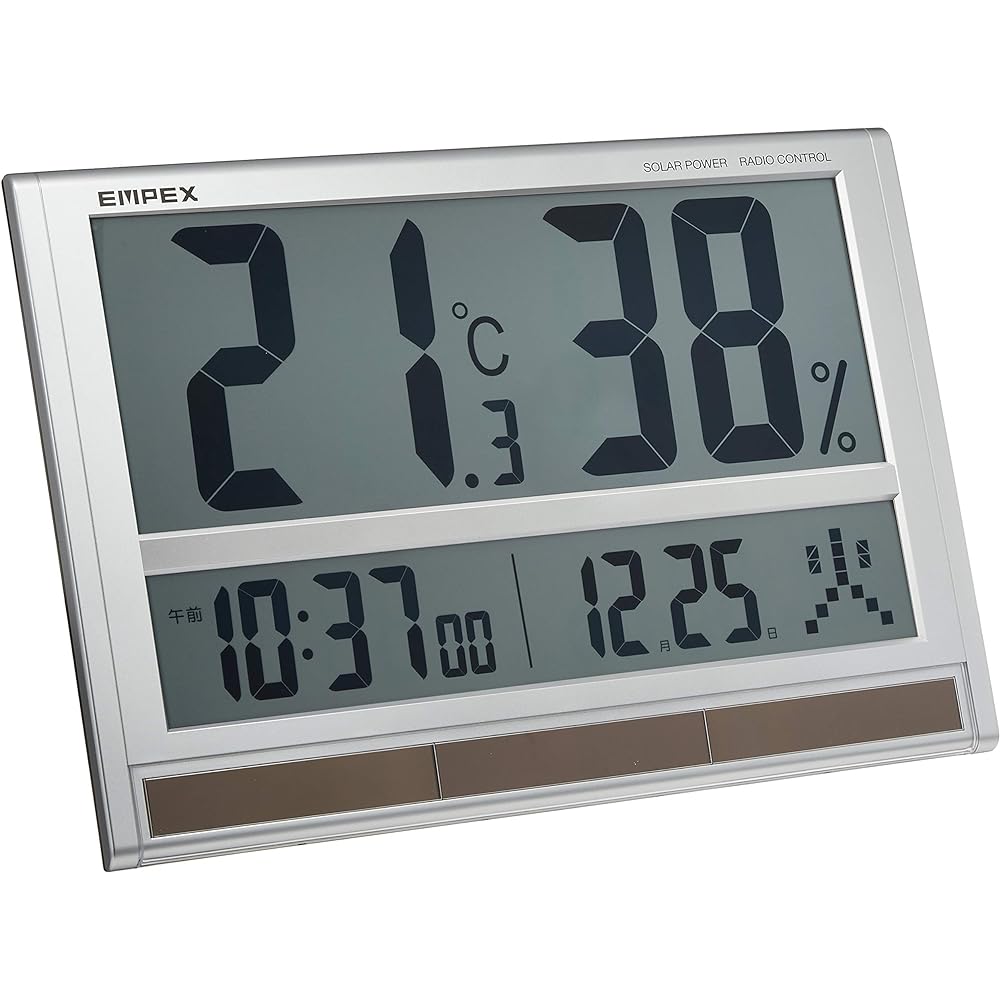 Empex Weather Meter Temperature and Humidity Meter Jumbo Solar Temperature and Humidity Clock for Hanging Silver TD-8170 40.4x27.7x2.1cm
