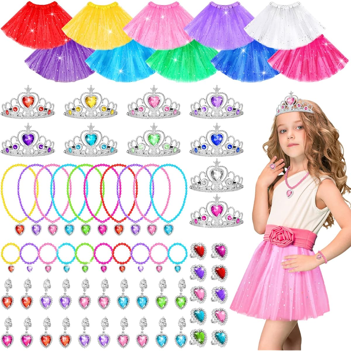 70 Pieces Princess Dress Up Accessories Set Princess Pretend Play Jewelry Princess Costume Star Tutu Skirt Crown Adjustable Jewel Necklace Rings Earrings Bracelet Girls Party Favors