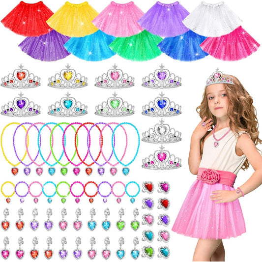 70 Pieces Princess Dress Up Accessories Set Princess Pretend Play Jewelry Princess Costume Star Tutu Skirt Crown Adjustable Jewel Necklace Rings Earrings Bracelet Girls Party Favors