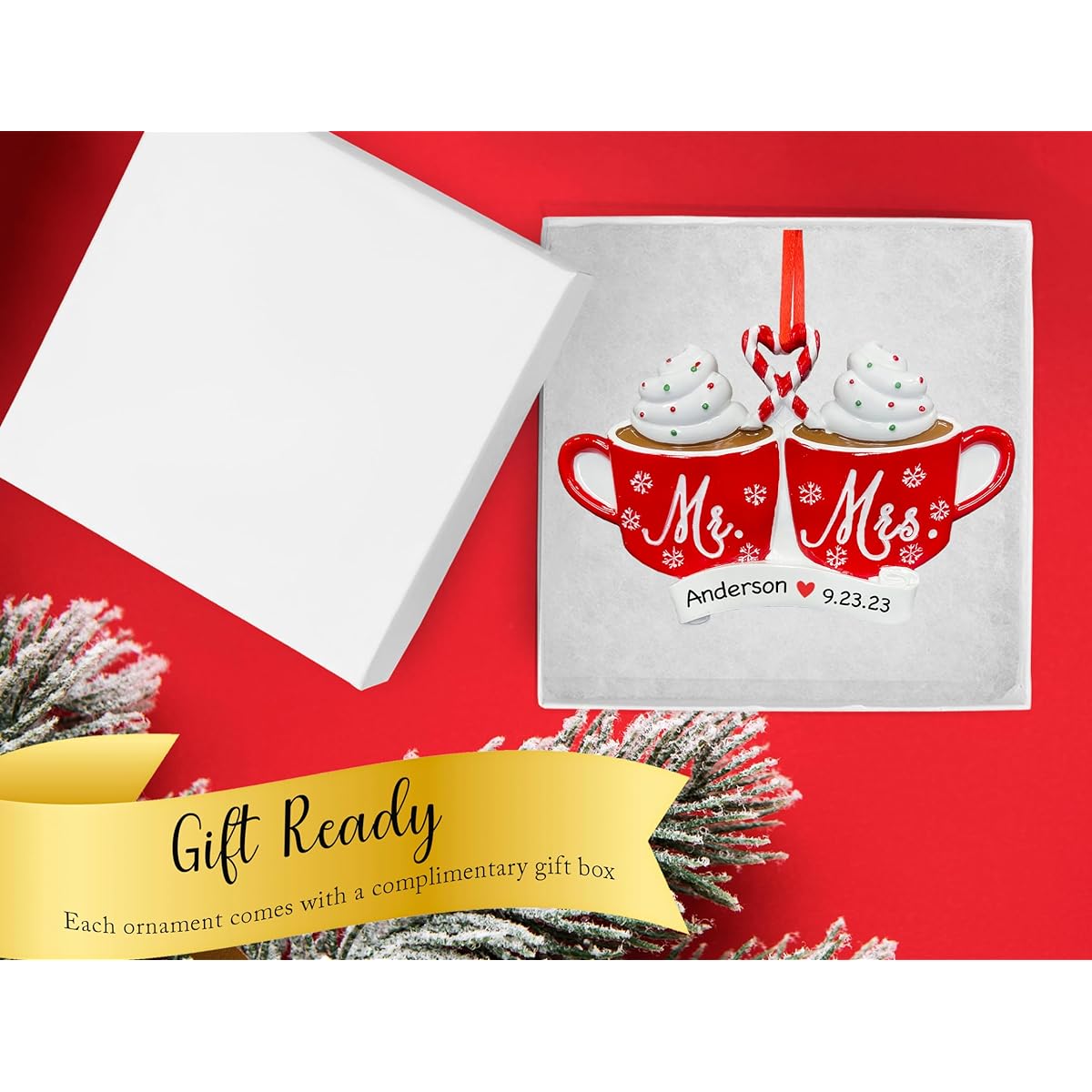 UniqXmas Personalized Our First Christmas as Mr and Mrs Ornament 2023 | Custom Hot Cocoa Mug Wedding Christmas Tree Decoration | Newlywed Couple Married 1st Year Wedding Anniversary Gift