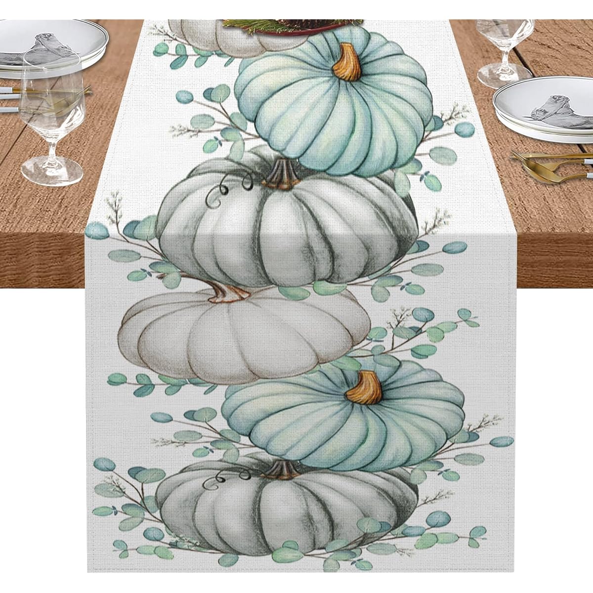 Autumn Table Runner Fall Pumpkins Blue White Green Leaf Halloween Thanksgiving Table Runner Kitchen Coffee Table Decor for Family Dinner Holiday Party Wedding Event (13x72inch)