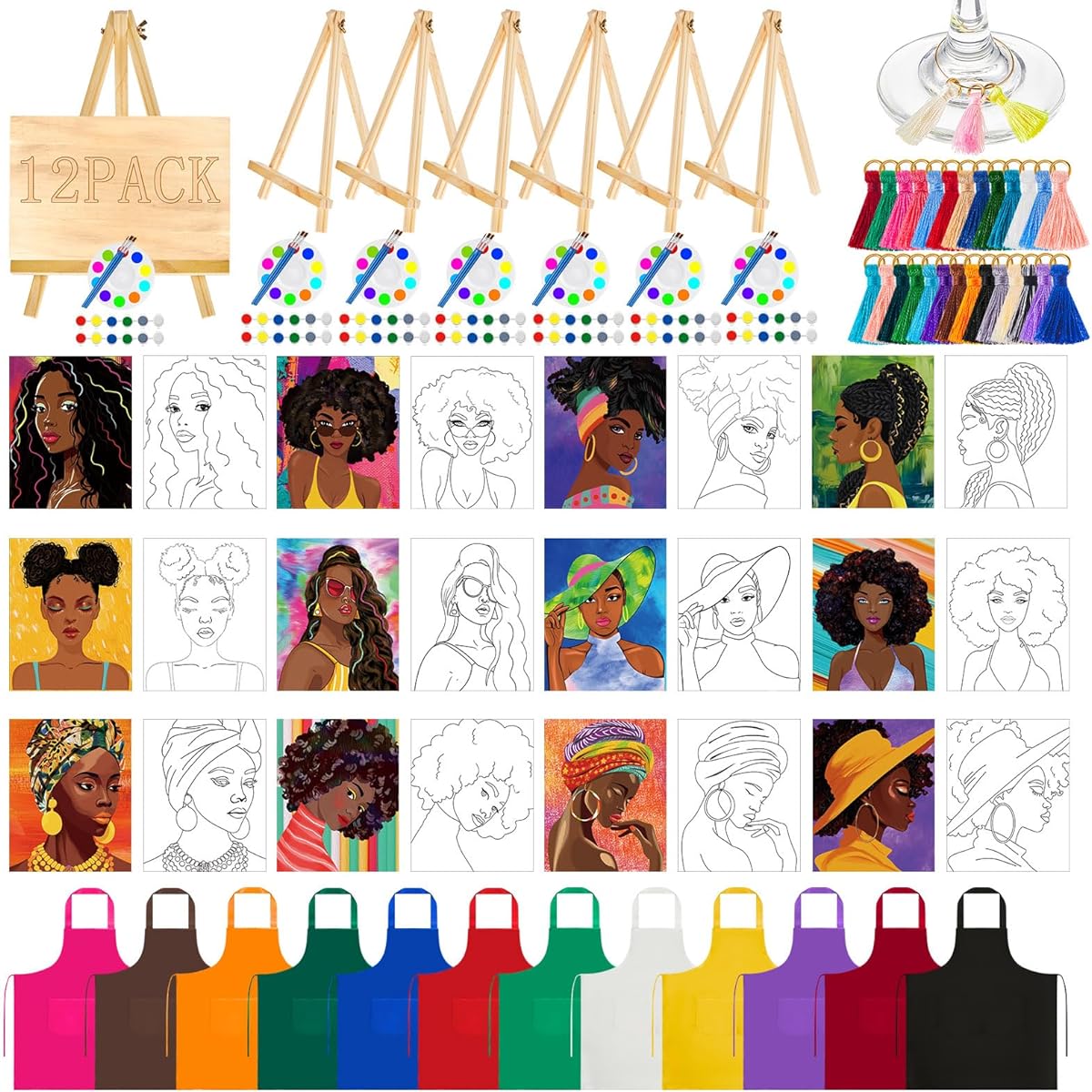 Xtinmee Afro Girl Painting Kit Set of 12 with Wooden Easel, Drawing Board, Nylon Brush Palette, Plain Apron, Tassel and Metal Ring Charm, Birthday Gift, Bite Paint Night Party Favors