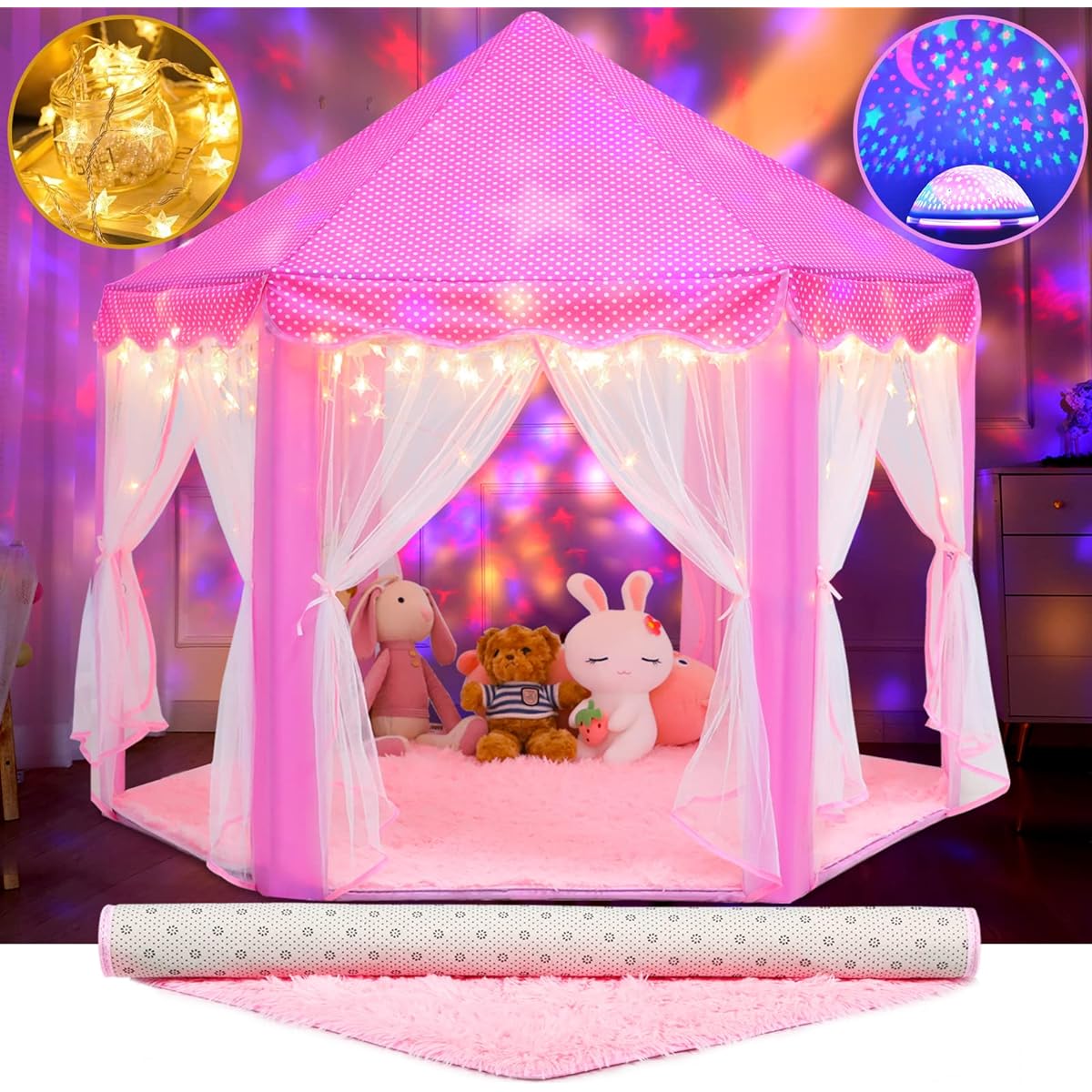 Princess Tent with Rug, Star Lights, Starry Projector Night Light for Girls, Pink Play Tent for Kids, Girls Toys Set for Indoor and Outdoor Games, Princess Castle Playhouse