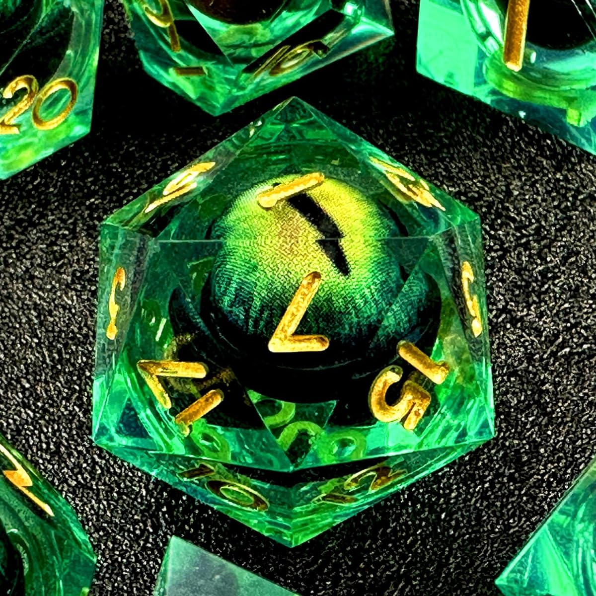 HAOMEJA DND Resin Dice Beholder's Dragon Eye Dice Liquid Core Dice Set with Gift Dragon Eye Bag Sharp Edge Dice Set 7pcs for Dungeons and Dragons Dice D20 D12 D10 D10 D8 D6 D4 (Eye Green)