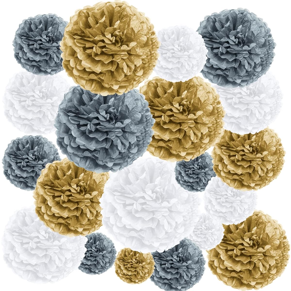 EpiqueOne 20 Piece Tissue Paper Pom Poms Party Kit - Make a splash of gold, silver and white for your celebration! Perfect for birthday parties, bridal showers, weddings, anniversaries and graduations