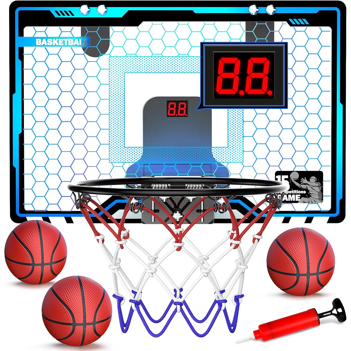 HopeRock Indoor Mini Basketball Hoop for Kids, Over the Door Basketball Hoop, LED Lighted Mini Hoop with Scoreboard & 3 Balls, Basketball Toy Gift for 5 6 7 8 9 10 11 12 Year Old Boys/Girls