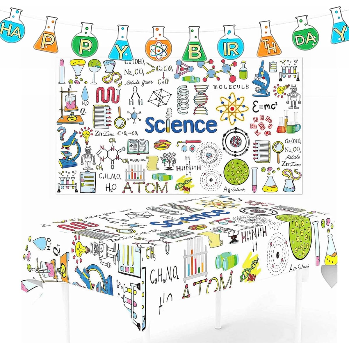 Science Theme Birthday Decorations Kit, Happy Birthday Banner & Science Table Cover, Chemistry Geometry, Astronomy, Biology, Physics Table Decorations for Mad Science Kids Birthday Science Laboratory Party
