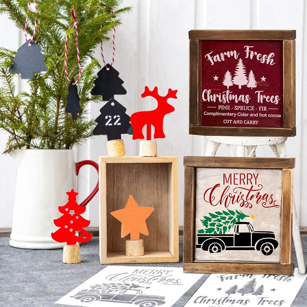 GSS Designs Reusable Christmas Stencil for Wood Signs 12 x 12 Inch - Red Truck Merry Christmas Stencil for Painting Wood Craft Floor Glass Wall Furniture - Large Holiday Stencil