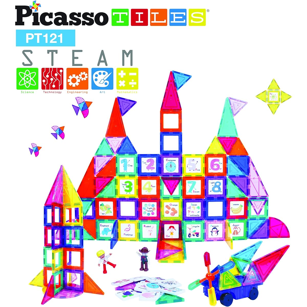 PicassoTiles 121 pc Master Builder Magnetic Building Blocks Construction Set with Magnet Tiles Blocks Car Truck, 2 Character Action Figures, 28 Educational Alphabet Animals and Numbers Graphics, Windmill
