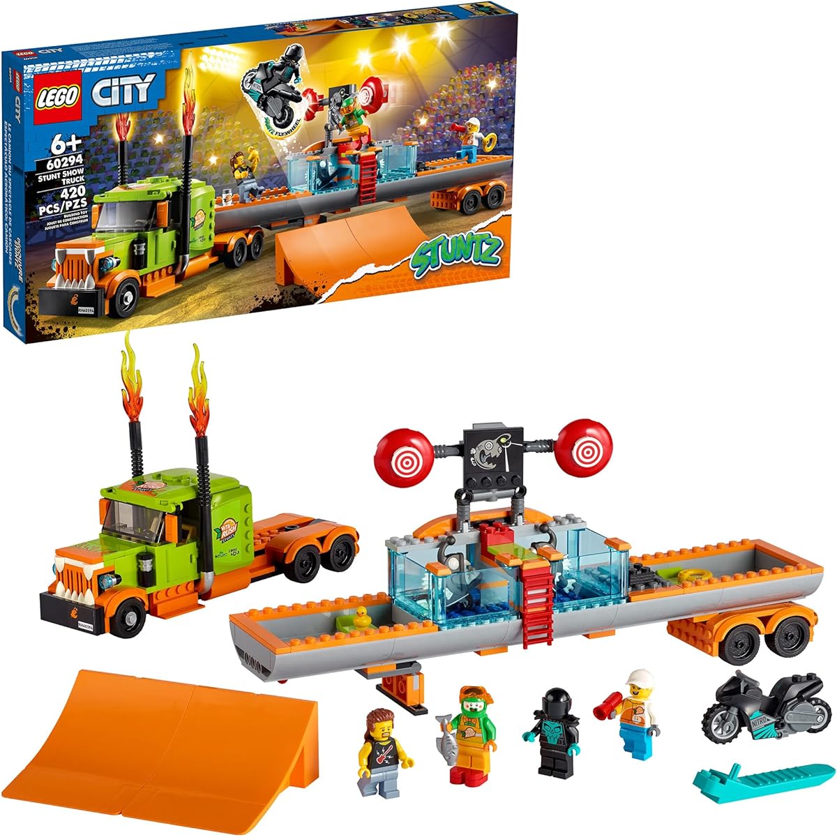 LEGO City Stuntz 60294 Stunt Show Truck 420-piece building kit with 4 minifigures, stunt bike, launch ramp, truck and functional dunk tank. For ages 6 and up.