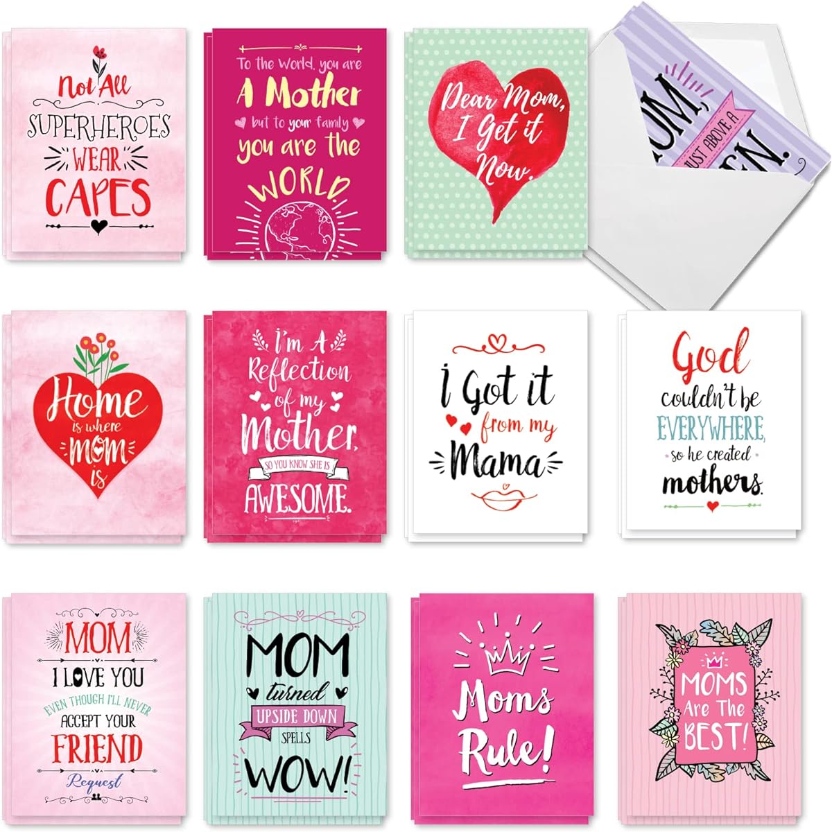 The Best Card Company Mother's Day Notes 36 Assorted Bulk Box Set 4 x 5.12 Inch with Envelopes (12 Designs, 3 of Each) Mama Notes AM3138MDG-B3x12