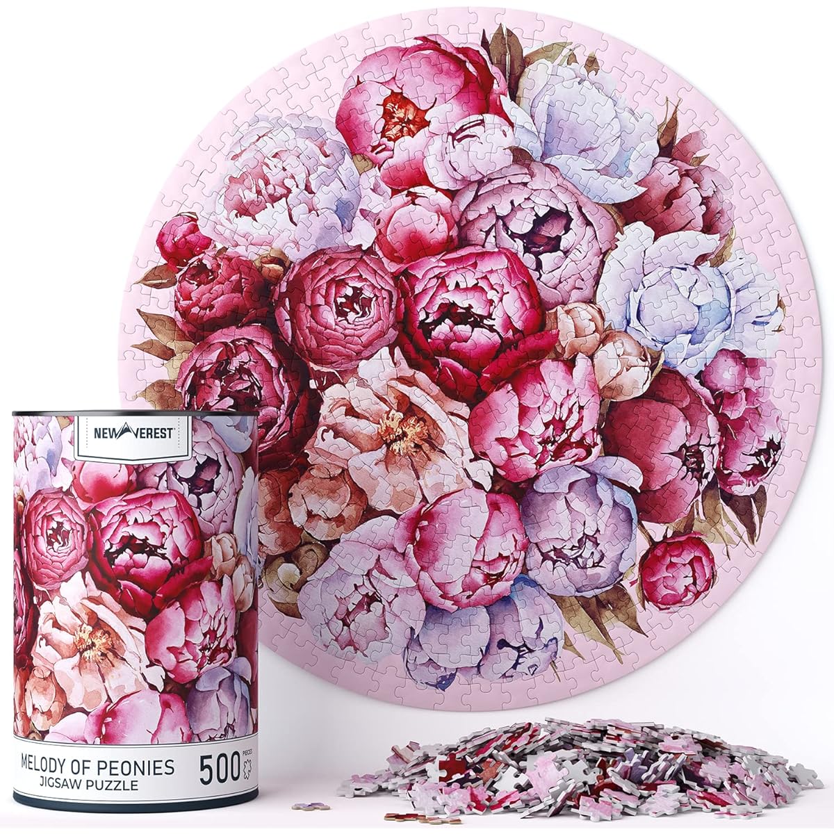 Newverest Jigsaw Puzzle 500 Piece for Adults - 18.95" Round, Challenging Flower Puzzle with Unique Hand-Painted Images by the Artist - Includes Gift Packaging Storage Box and Organza Pouch - Peony Melody