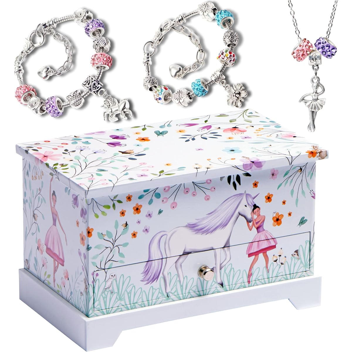 Ballerina Unicorn Jewelry Box for Girls, Charm Bracelet Making Kit, Girls Ballerina Unicorn Kids Jewelry Box, Girls Music Box - Ideal Unicorn Gifts for Girls, Ballerina Dance Recital Gifts, Gifts for Girls