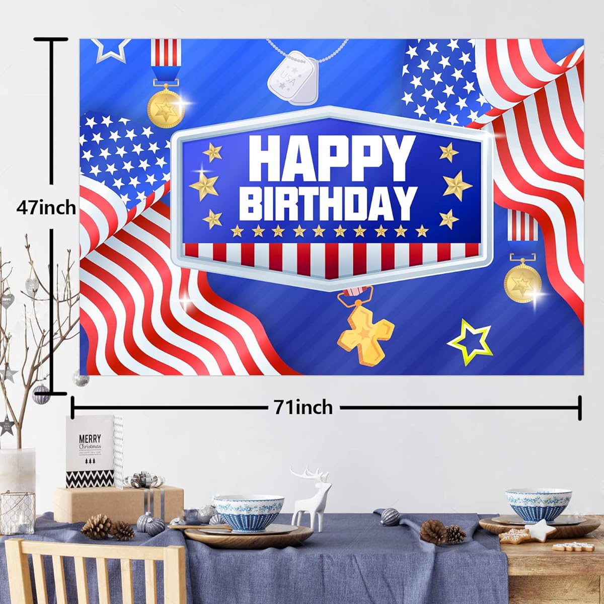 Happy Birthday American National Memorial Day Banner Background Red White Blue Stripes Stars Balloons Patriotic Theme Decor Decoration 4th of July Army Party Supplies Backdrop