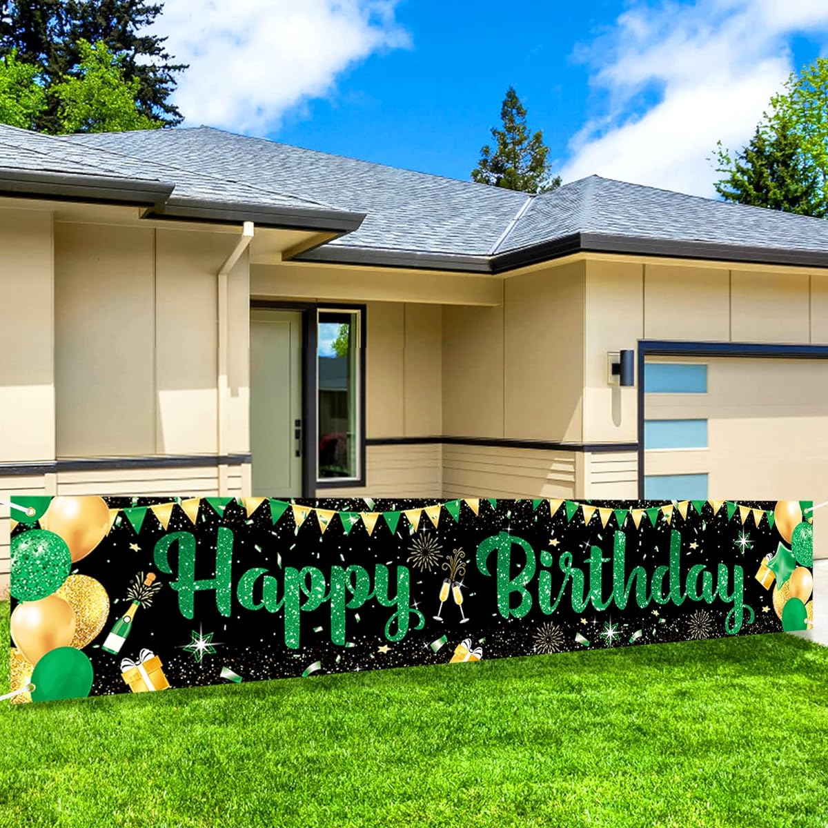 Green Black Gold Happy Birthday Yard Banner