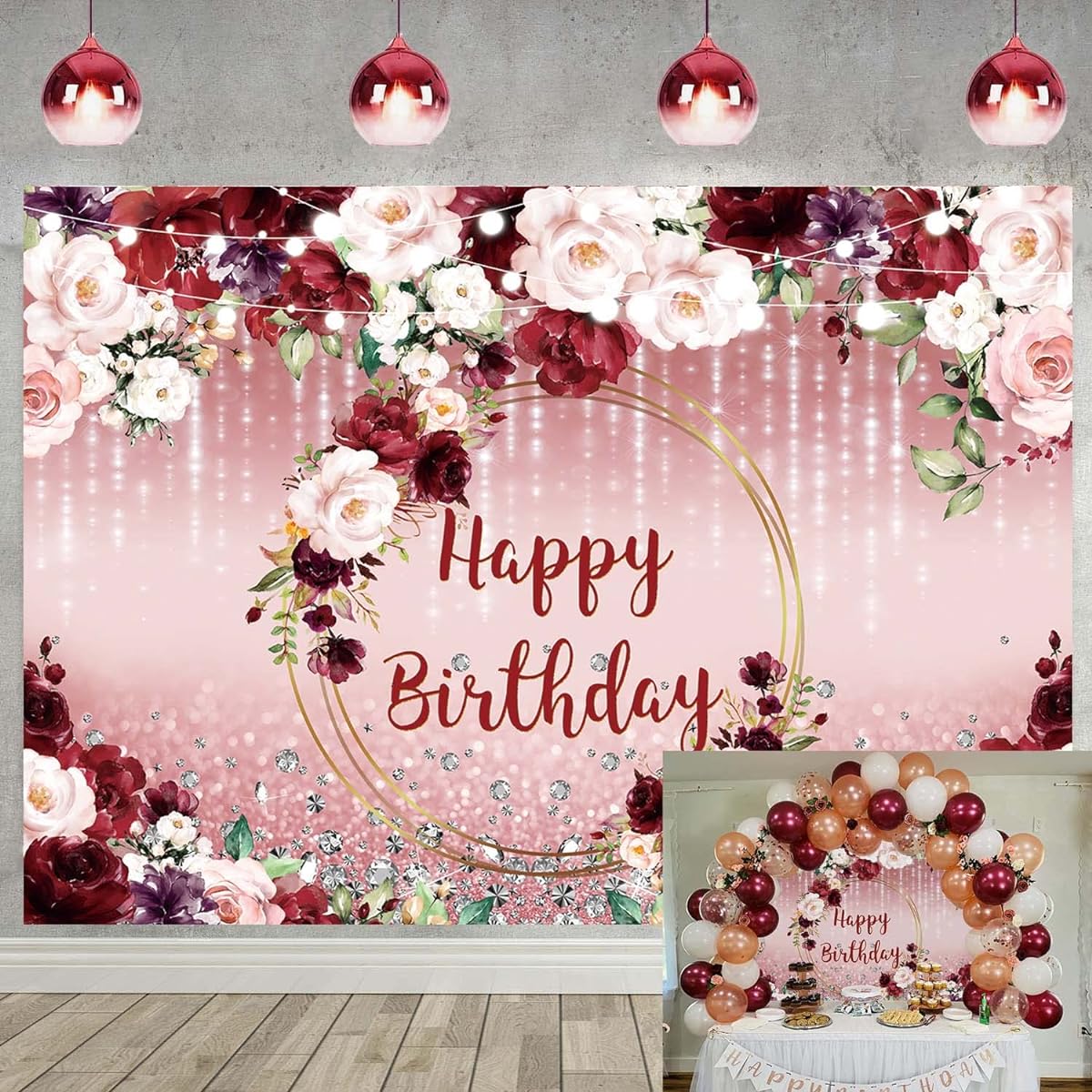 Floral Happy Birthday Backdrop for Women 7x5ft Burgundy Flower Rose Gold Glitter Bokeh Photography Background Girl Birthday Party Cake Table Decorations Photo Shoot Banner Props(84x60inch)
