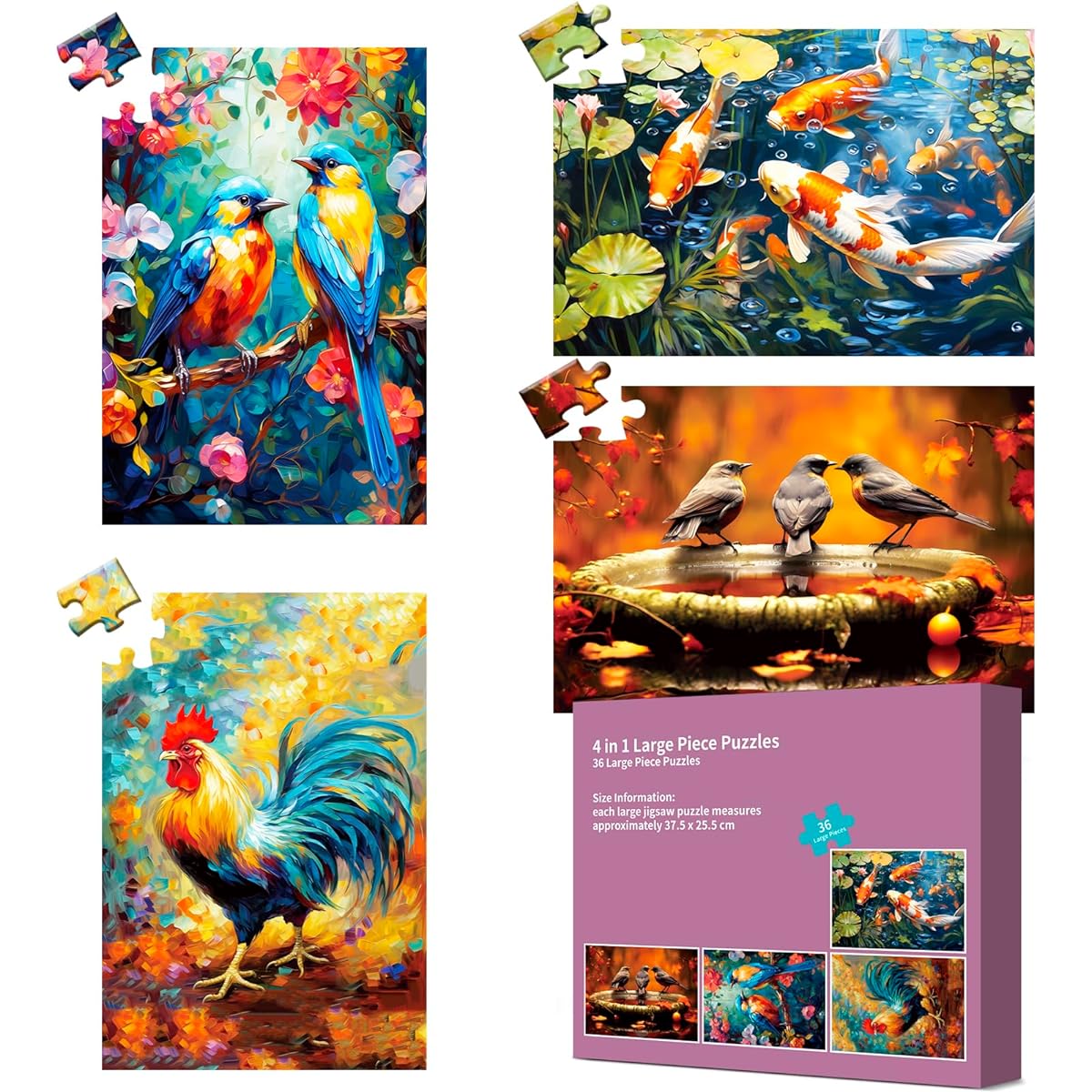 Edsjegn 4 Pack 36 Large Piece Puzzle for Seniors Jigsaw Puzzle Alzheimer's Dementia Puzzle for Seniors 144 Piece Large Puzzle