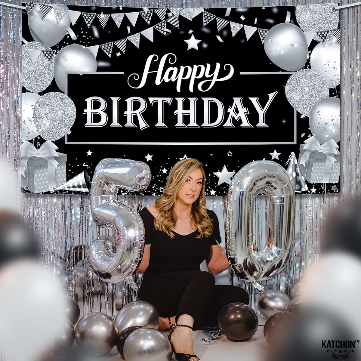 KatchOn Black & Silver Happy Birthday Banner - 72x44 inches | Silver Birthday Banner for Men | Happy Birthday Wall Banner for Happy Birthday Decorations | Black & Silver Birthday Banner for Girls