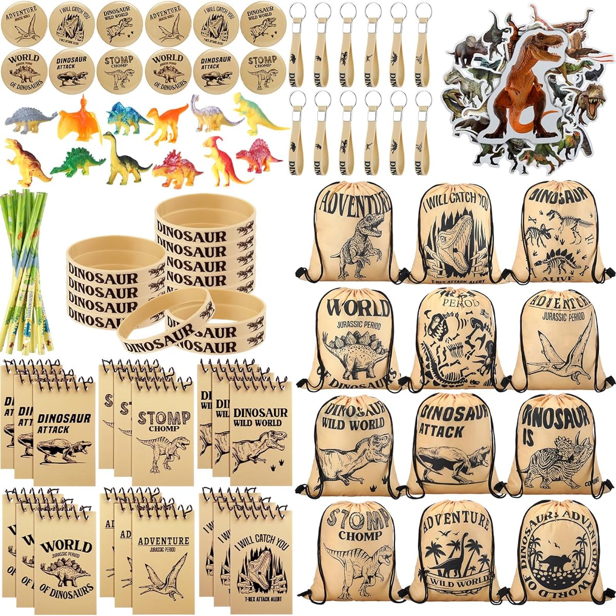 Wettarn Dinosaur Party Favors - 91pcs Dinosaur Toys, Silicone Wristbands, Badges, Notebooks, Drawstrings, Backpacks, Keychains, Dinosaur Pencil Stickers, Dinosaur Prize Gifts, Pinatas, Goodie Bags and Stuffers