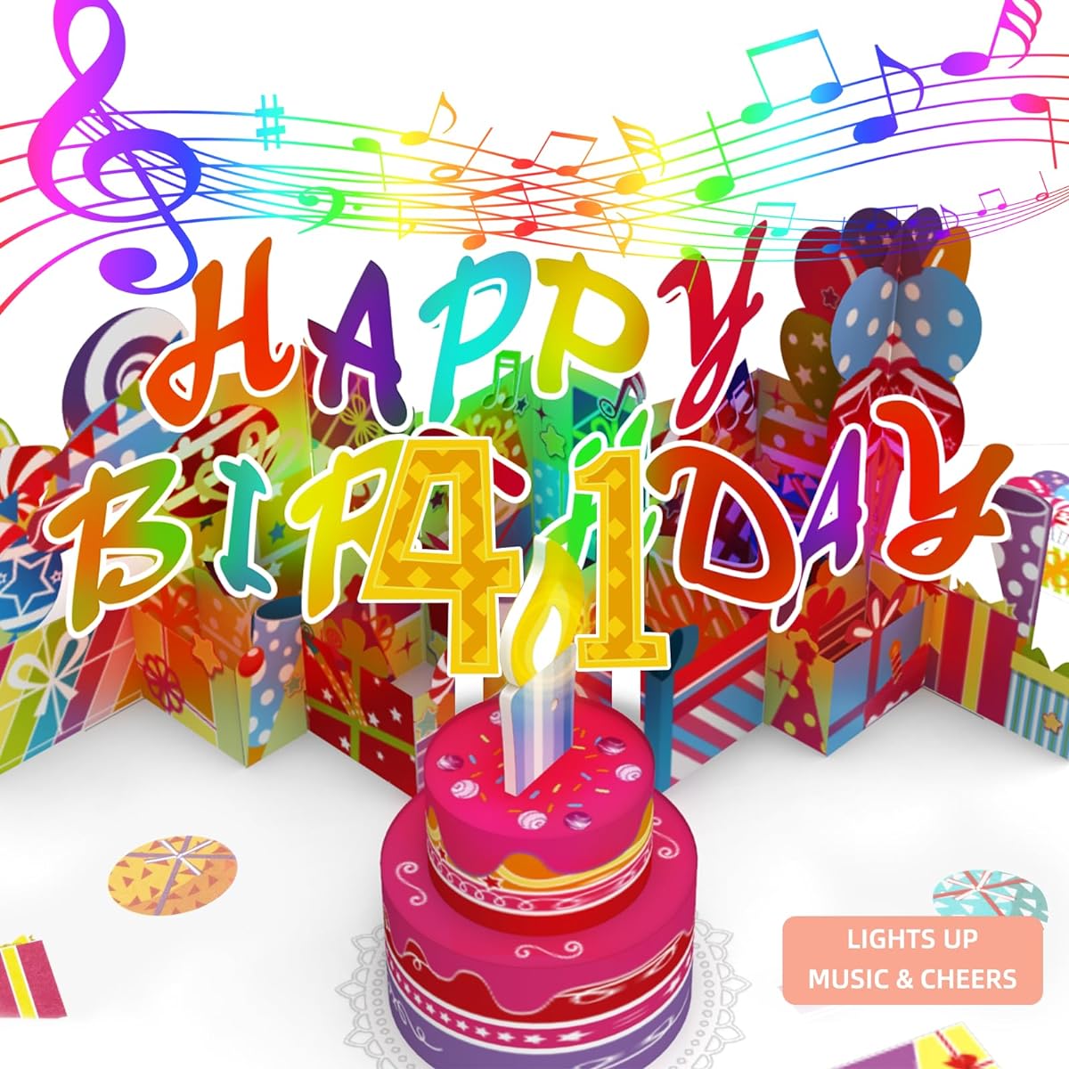 Gumry 41ST Musical Birthday PopUp Card, Blowable LED Light Candle 3D Cards with Song 'HAPPY', Applause Cheers Sound,Color-Changing Lights,Colourful Greeting Cards for Women Men Turning 41 Years Old