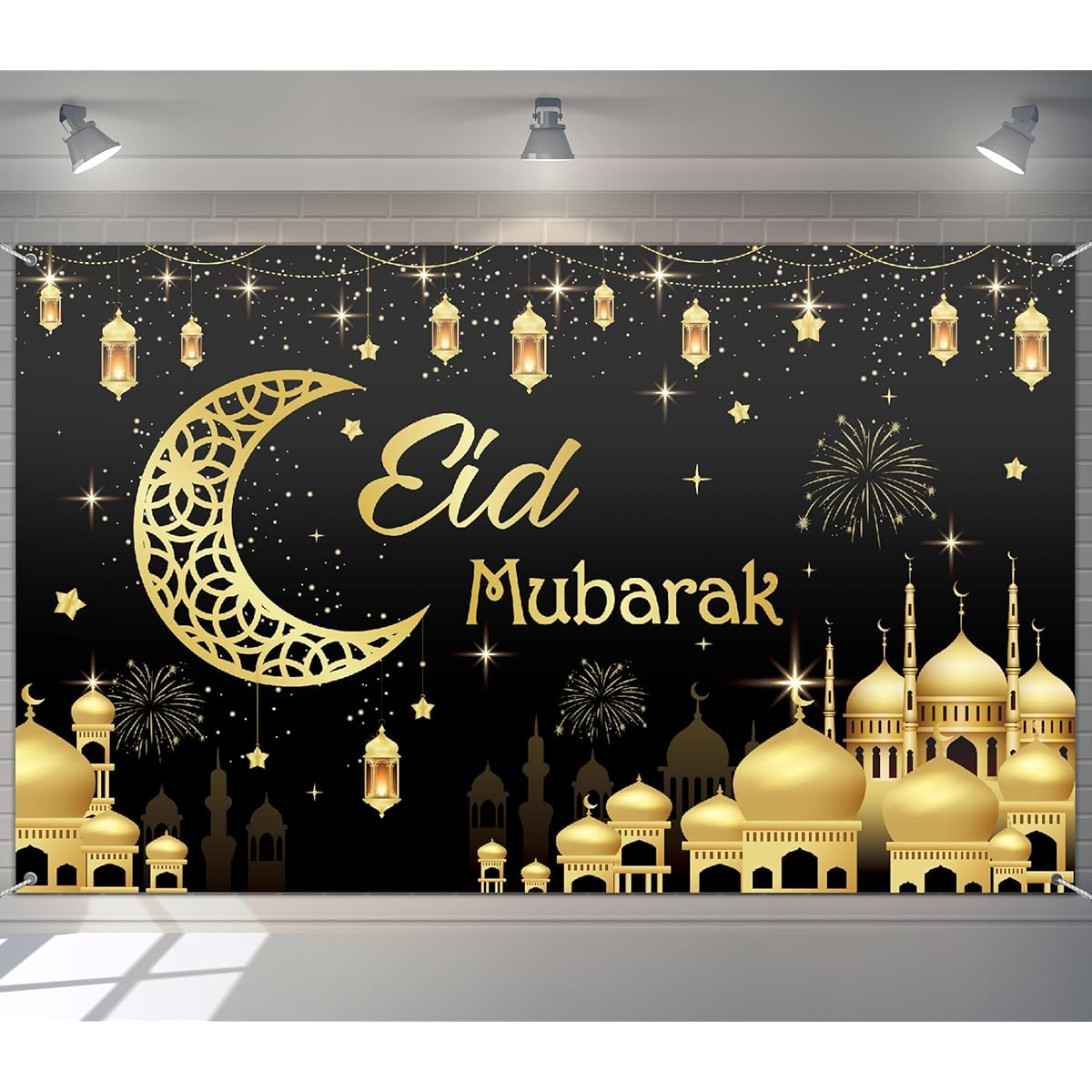 Eid Mubarak Party Backdrop Decoration Black Gold Happy Eid Mubarak Banner Ramadan Mubarak Background Party Supplies Decoration