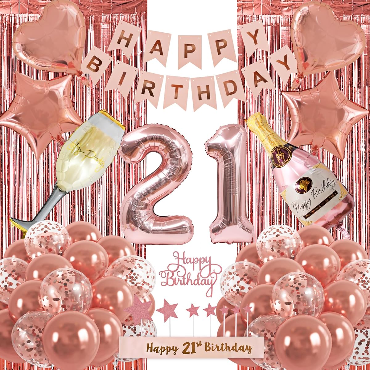 RUBFAC 21st Birthday Decorations for Girls, Rose Gold Sweet 21st Birthday Party Decorations, Pre-strung Banner Kit for 21st Birthday Party, Rose Gold Balloons, Birthday Party Supplies