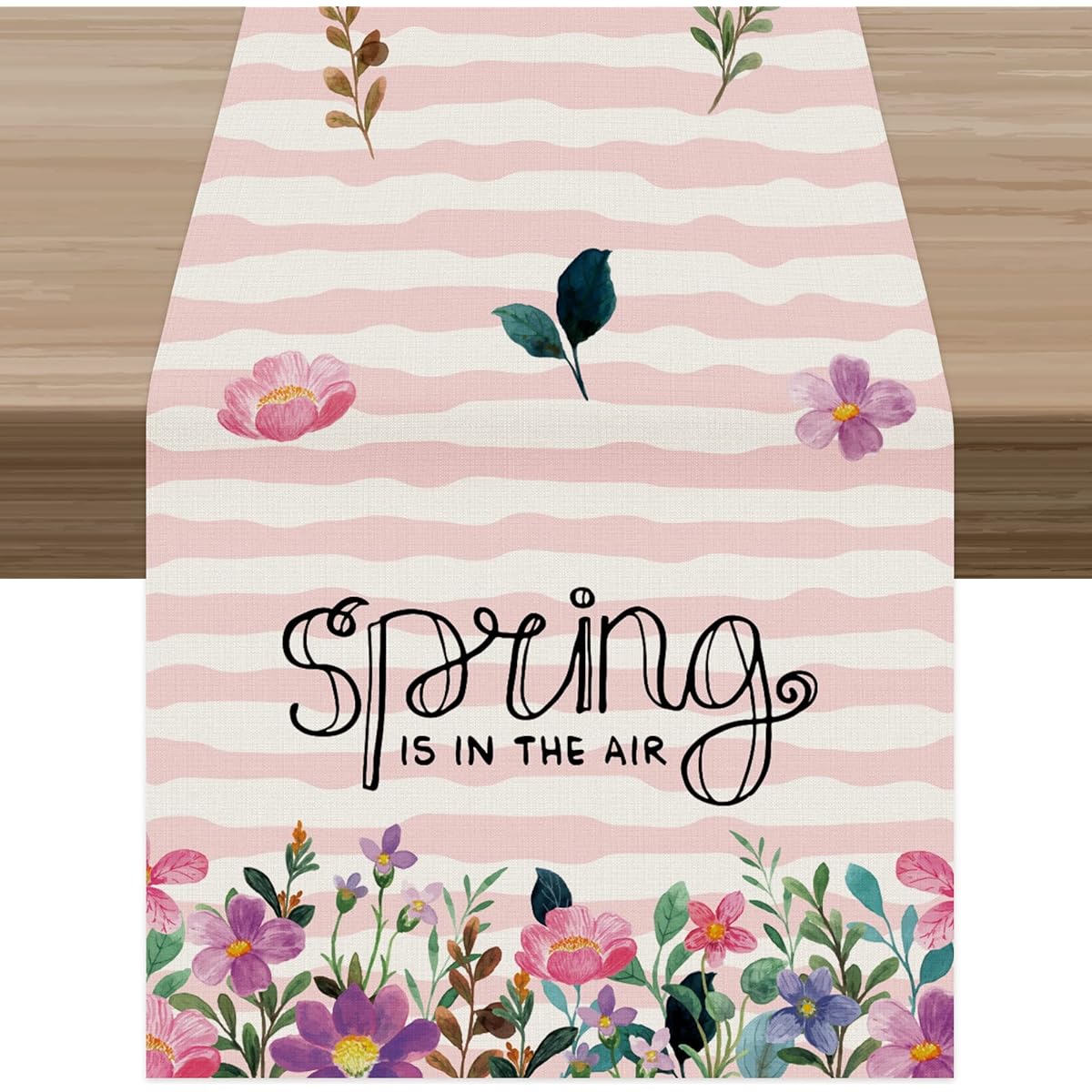 Celepaty Spring is in The Air Pink Stripes Blue Purple Wildflower Leaves Bush Table Runner Spring Easter Seasonal Home Kitchen Dining Table Runner Decor 72" Long
