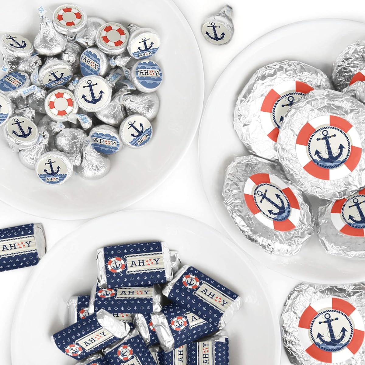 Ahoy - Nautical - Mini Candy Bar Wrappers, Round Candy Stickers and Circle Stickers - Baby Shower or Birthday Party Candy Favor Sticker Kit - 304 Pieces