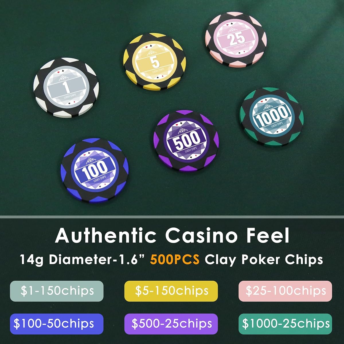 ORIENGEAR 500 Piece Professional Poker Set with 14 Gram Numbered Clay Chips, Texas Hold'em Casino Chip Set with Key & 2 Decks of Plastic Playing Cards for Blackjack Gambling Game, ABS Carry Case